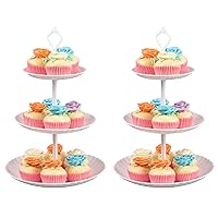 3 Tier White Plastic Cupcake Stand Serving Tray for Party & Birthday Decorations Tiered Serving Stand Dessert Stand Tray- Elegant Display Tower for Cupcakes, Desserts (2 Pack)
