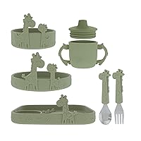 100% Silicone Tableware Bundle - Green Giraffe - BPA-Free - Includes Sippy Cup, Fork and Spoon, Bowl, Round Plate, and Rectangle Plate