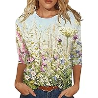 Womens Tops 3/4 Length Sleeves T-Shirts Trendy Three Quarter Sleeve Tops Ladies Floral Printed Tee Shirts Blouse