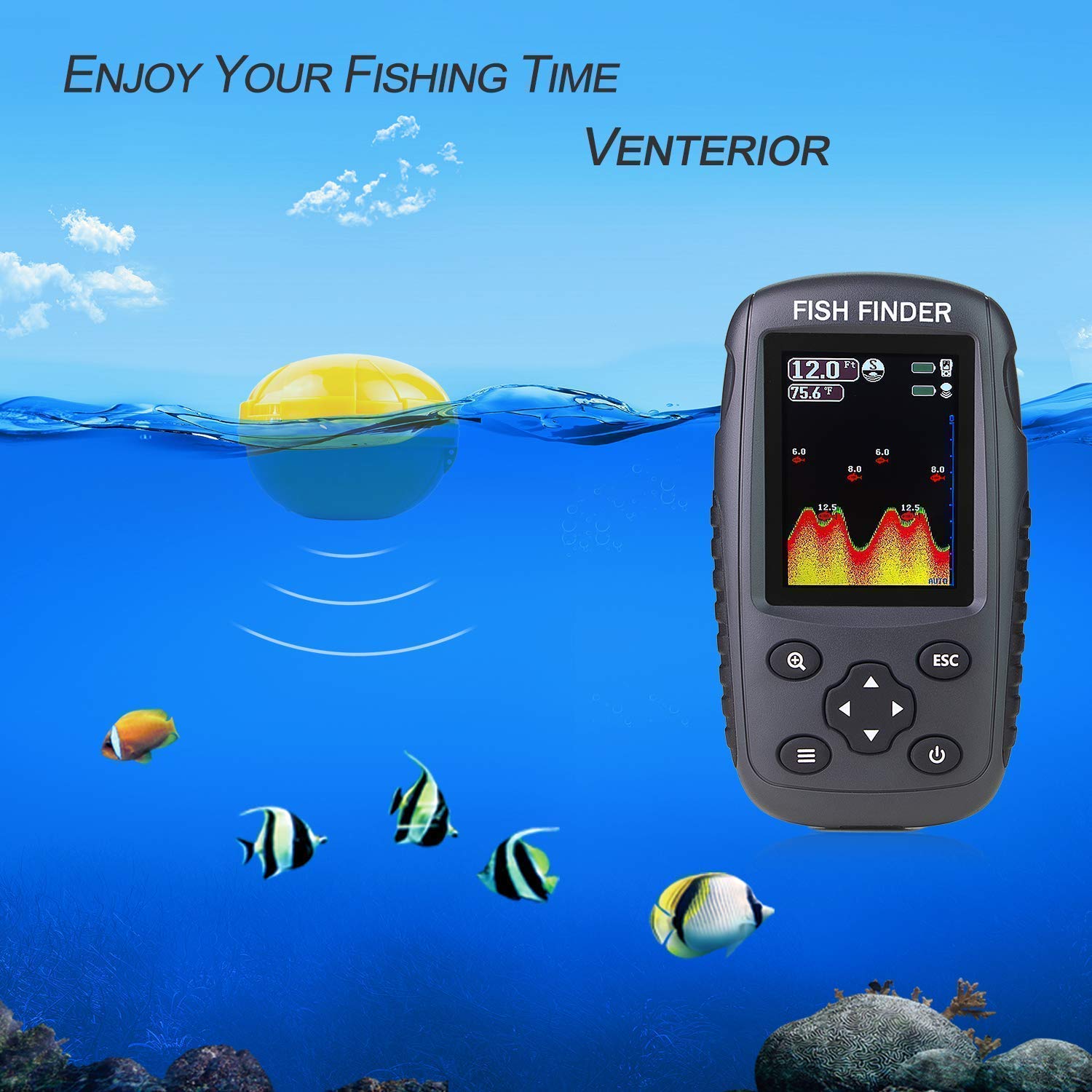 Venterior Portable Rechargeable Fish Finder Wireless Sonar Sensor Fishfinder with Water Resistant Bag Case