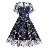 Women Mesh Floral Embroidery Retro Cocktail Swing Dress Illusion 50s Flare Short Sleeve Wedding Prom Evening Dress