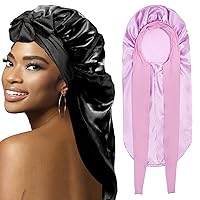 2Pcs Bonnets for Black Women Braid Bonnet, Large Long Bonnet Satin Bonnet for Braids,Black Women Satin Silk Bonnet with Stretchy Tie Band Braid Bonnet for Sleeping Extra Long (Black & Purple)
