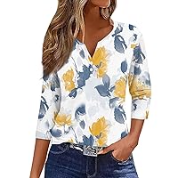 3/4 Length Sleeve Womens Tops Casual Loose Fit Henley Neck T Shirts Cute Print Three Quarter Length Tunic Tops