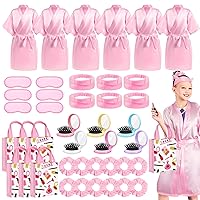 Bonuci 6 Set Spa Party Supplies for Girls, Include 6 Kids Spa Robes 6 Headbands 6 Spa Masks 6 Folding Mini Hairbrush 6 Tote Bags and 12 Scrunchies for Spa Wedding Birthday (Size 8)