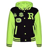 Kids Girls Boys R Fashion Baseball Black Neon Green Hooded Jacket Varsity Hoodie