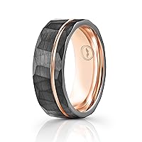 Men's Tungsten Carbide Wedding Band - Premium Grade Hammered Brushed Tungsten Wedding Ring for Men - Includes Silicon Band, Leather Drawstring Pouch, and Luxury Walnut Ring Box