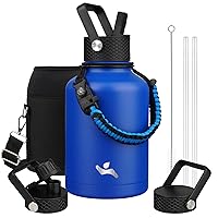 Insulated Water Bottle with Straw,50oz 3 Lids Water Jug with Carrying Bag,Paracord Handle,Double Wall Vacuum Stainless Steel Metal Flask,Blue