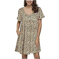 Women's Casual Loose-Fitting Summer Dress Swing Print Short Sleeve Knee Length Beach Flowy V-Neck Trendy Glamorous