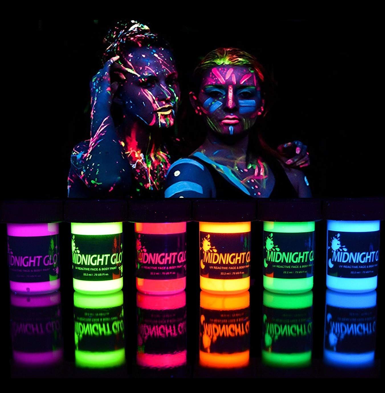 Midnight Glo UV Face & Body Paint Set - Fluorescent Face Paints - Blacklight Reactive - Safe, Washable, Non-Toxic (6 Bottles 0.75 oz. Each)