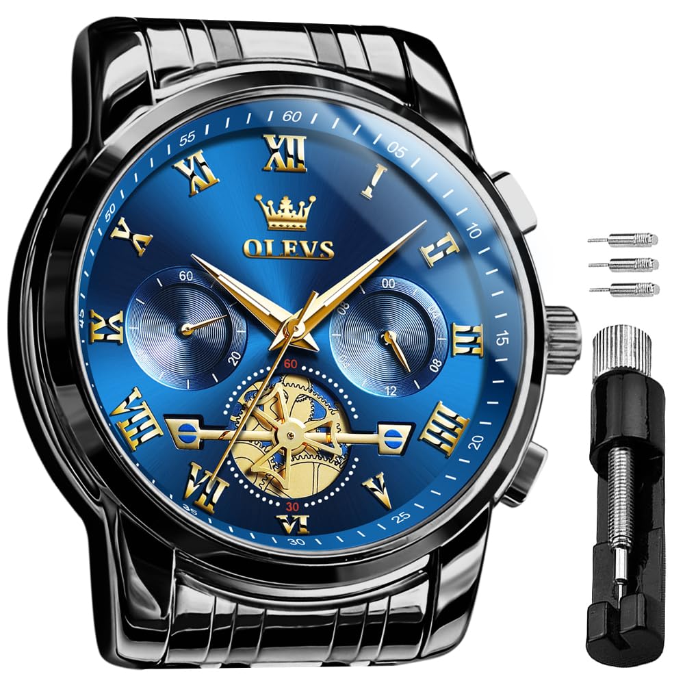 OLEVS Men’s Watch Analog Quartz Movement Business Stainless Steel Waterproof Luminous Chronograph Day Date Luxury Dress Business Big Face Rome Number Diamond Dial Male Wrist Watches