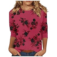 Womens Tops 3/4 Length Sleeve Round Neck Cute Floral Shirts Casual Ladies Blouses Print Trendy T Shirt Blouse