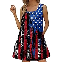 4Th of July Outfits for Women, Womens Casual Square Neck Sleeveless Pleated Tank Print Beach Dress, S, 3XL