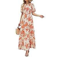 ZESICA Women's 2024 Summer Casual Floral Print Short Flutter Sleeve Crew Neck Smocked High Waist Flowy Maxi Dress