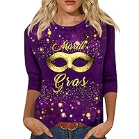 Mardi Gras Costumes Women Scoop Neck 3/4 Sleeve Gras Party Mask Costume T-Shirt Summer Tops for Women