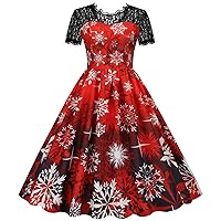 XJYIOEWT Midi Dresses for Women Casual Cotton,Women Easter Short Sleeve Lace 1950s Evening Party Prom Dress Long Sleeved