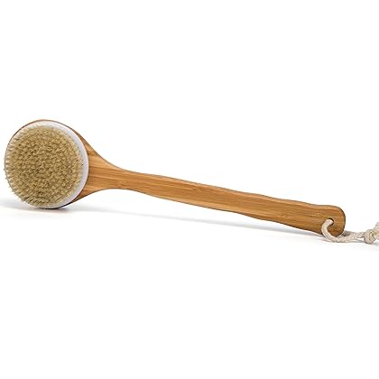 Janrely Bath Dry Body Brush Natural Bristles Back Scrubber With Long Wooden Handle For Cellulite And Exfoliating