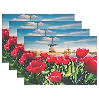 visesunny Placemat Table Mat Desktop Decoration Dutch Windmill Red Tulip On The Netherlands Canals Placemats Set of 1 Non Slip for Dining Home Kitchen Indoor 12x18 in