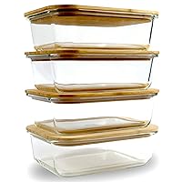 DE Glass Food Storage Containers with Bamboo Lids (4 Pack, 36 Ounce) Eco Friendly Meal Prep Containers Reusable – Airtight, Plastic Free, BPA Free