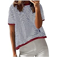 Warehouse Clearance of Sale Women Oversized Striped Short Sleeve T-Shirts Color Block Crew Neck Loose Pullover Shirt Trendy Casual Summer Tee Tops
