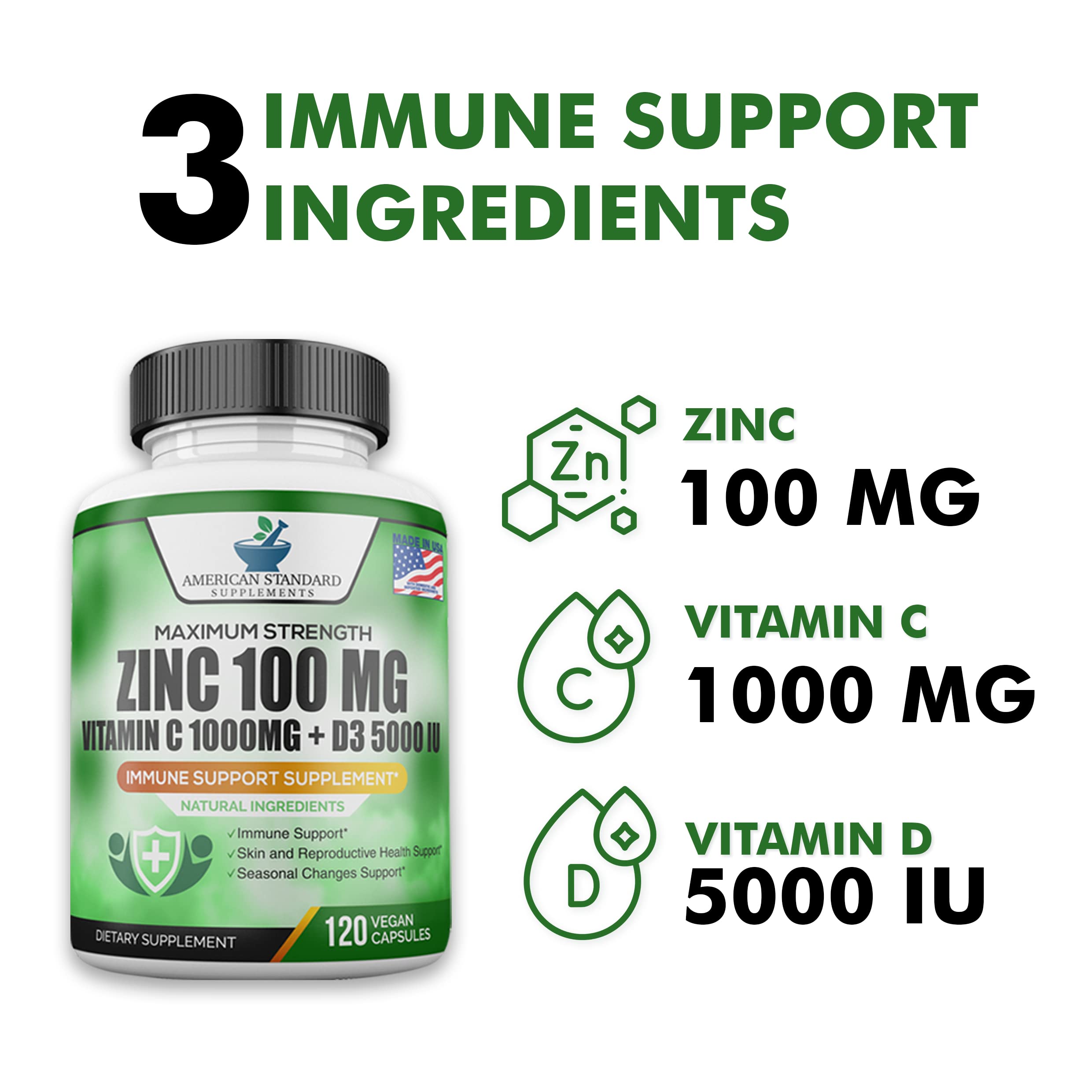Zinc 100mg, Vitamin C 1000mg, Vitamin D 5000IU per Serving, Immune Support for Adults, Immune System Booster Supplements, Non GMO, No Filler, No Stearate, 120 Vegan Capsules, 60 Day Supply