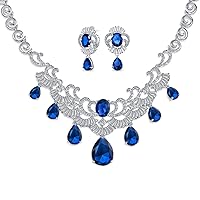Art Deco Vintage Estate Design Bridal Jewelry Set Large Teardrop Pear Shape Clear Simulated Gemstone AAA CZ V Collar Statement Bib Necklace Chandelier Earrings. Silver Plated For Women