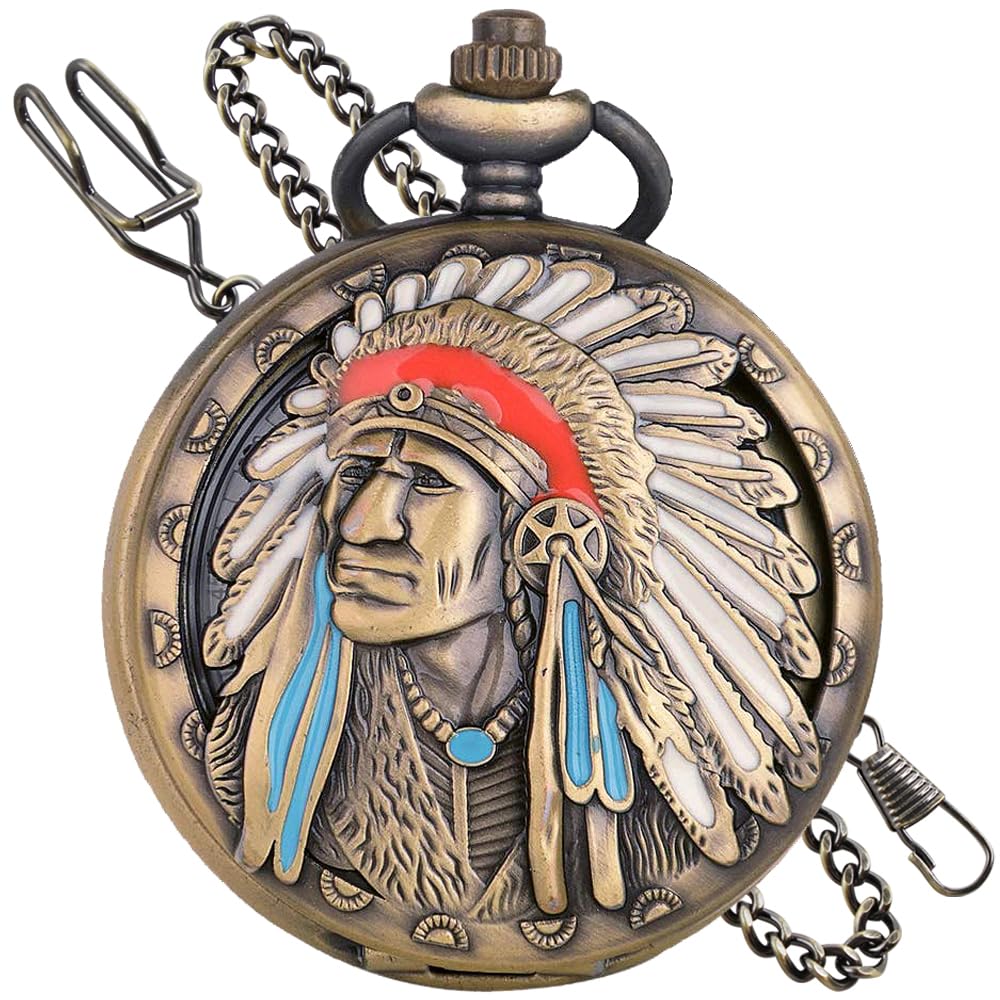 Tiong Engraved Ancient Native Indian Pattern Quartz Pocket Watch Design Antique Souvenir Gifts