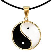 CLEVER SCHMUCK Golden Large Yin Yang Pendant Diameter 23 mm Black White Painted 925 Sterling Silver Gold-Plated + Rubber Strap 45 cm Long + Jewellery Case, Metal