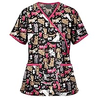 Working Uniform T-Shirts Floral Printed Crew Neck Short Sleeve Tank Top Workwear Fleece Pullover Women