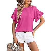 Short Sleeve Tops for Women Summer V Neck Lapel Shirts Hole Hollow Pleated Blouses Dressy Casual Solid Color Clothes