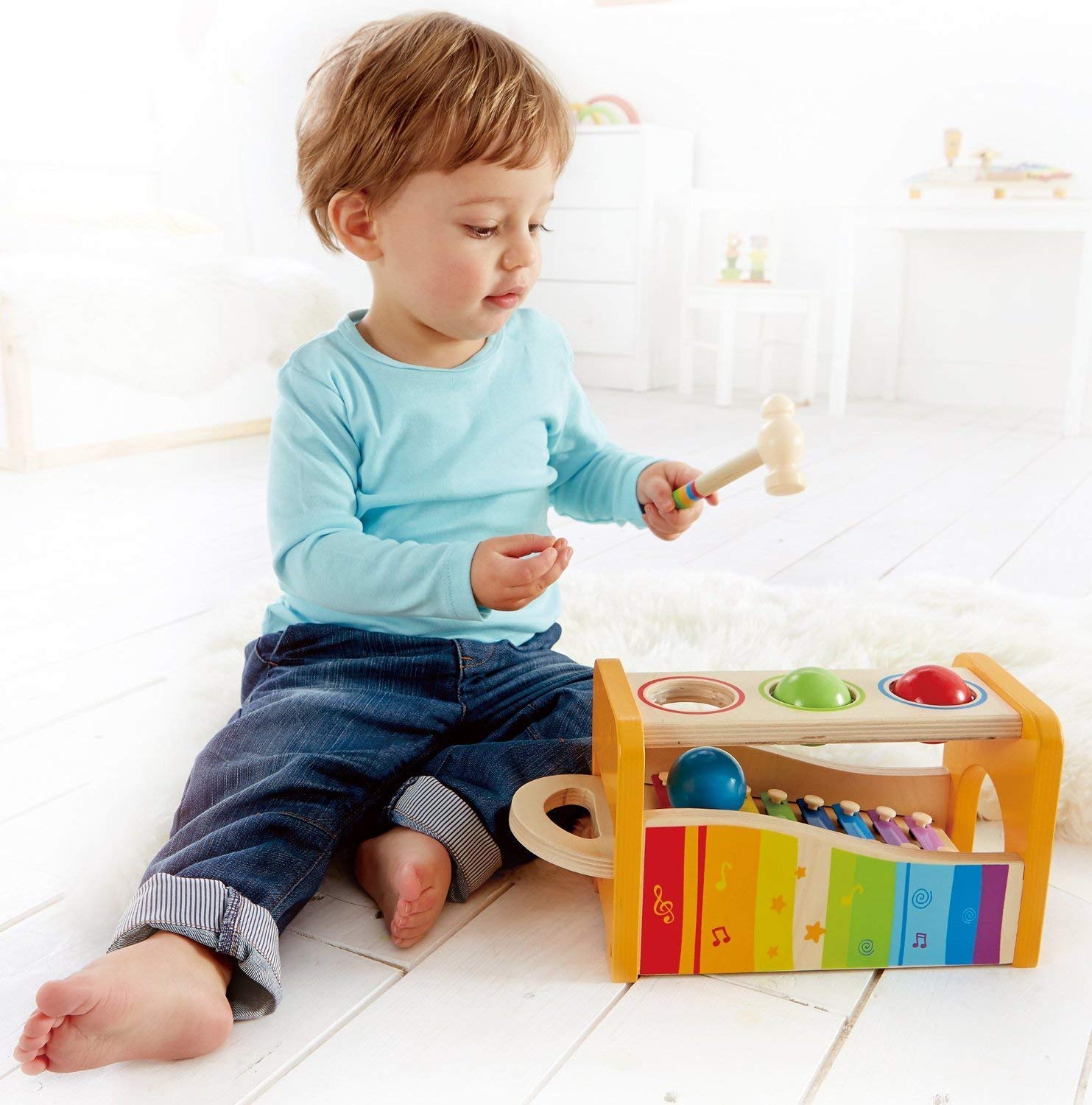 Hape Pound, Tap, & Shake! Music Set - Award Winning Wooden Pounding Bench, Baby Xylophone, and Tap Along Tambourine - Developmental, Non-Toxic, Montessori Musical Toys for Toddlers 1 - 4 Years Old