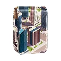 City Modern Buildings Lipstick Case Lipstick Box Holder with Mirror, Portable Travel Lip Gloss Pouch, Waterproof Leather Cosmetic Storage Kit for Purse