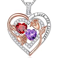 Iefil Rose Heart Birthstone Necklace for Women, Sterling Silver Birthstone Necklace Anniversary Birthday Gifts for Her Wife