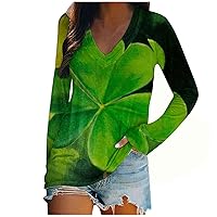 Lucky Shamrock St. Patrick's Day Irish T-Shirt for Women V-Neck Patrick's Print Graphic Tees Casual Long Sleeve Tops
