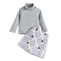Girls 2t Toddler Girls Long Sleeve Ribbed T Shirt Tops Plaid Prints Skirt Outfits 5t Girl (Grey, 3-4 Years)