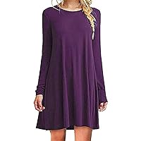 Andongnywell Women's Long Sleeve Pockets Casual Swing T-Shirt Dresses Solid Colors Simple Loose Dress (Purple,Large)