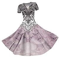Rockabilly Dresses for Women Princess Dress Sexy V-Neck Solid Color Block Gradient Print Short Sleeve Swing Dress