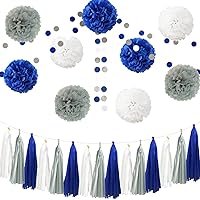 InBy 26pcs Tissue Paper Flower Pom Poms Party Decorations Kit Navy Blue Grey White Tassel Garland for Wedding First Birthday Bridal Baby Shower Graduation Bachelorette Party Supplies (12