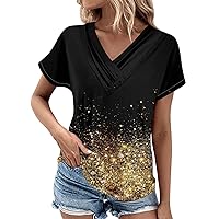 Womens Summer Tops 2024, V Neck Short Sleeve Pleated Blouses Button Fashion Casual Tees Going Out Comfy Shirts
