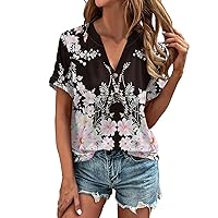Short Sleeve Independence Day Hems T Shirts Lady Pretty Work Buttons Printed Top Ladies V Neck Polyester Pink S