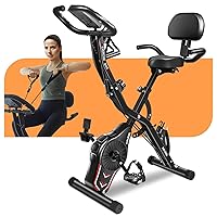 Folding Exercise Bike, 5-in-1 Foldable Stationary Bike Upgraded 16-level Magnetic Resistance 10DB Near-silent Bike Upright Indoor Exercise Bike for Home with Arm Resistance Band, Back Support Cushion