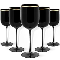 Blue Sky Black Plastic Wine Glasses With Gold Rim - 12oz (5-Pack) Reusable, Disposable Cups for Parties and Events