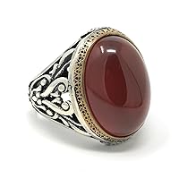 KAR 925K Stamped Sterling Silver Filigree Red Agate (Aqeeq) Men's Ring I1J