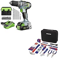 WORKPRO 20V Cordless Drill Driver Kit and 100 Piece Kitchen Drawer Household Hand Tool Set