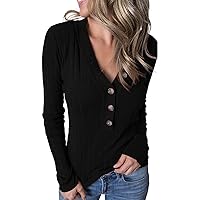 MEROKEETY Women's 2024 Long Sleeve V Neck Ribbed Button Knit Sweater Solid Color Tops