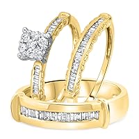 14K Yellow Gold Fn His/Her Wedding Trio Ring Set 1 1/8Ct Round & Baguette Sim Diamond