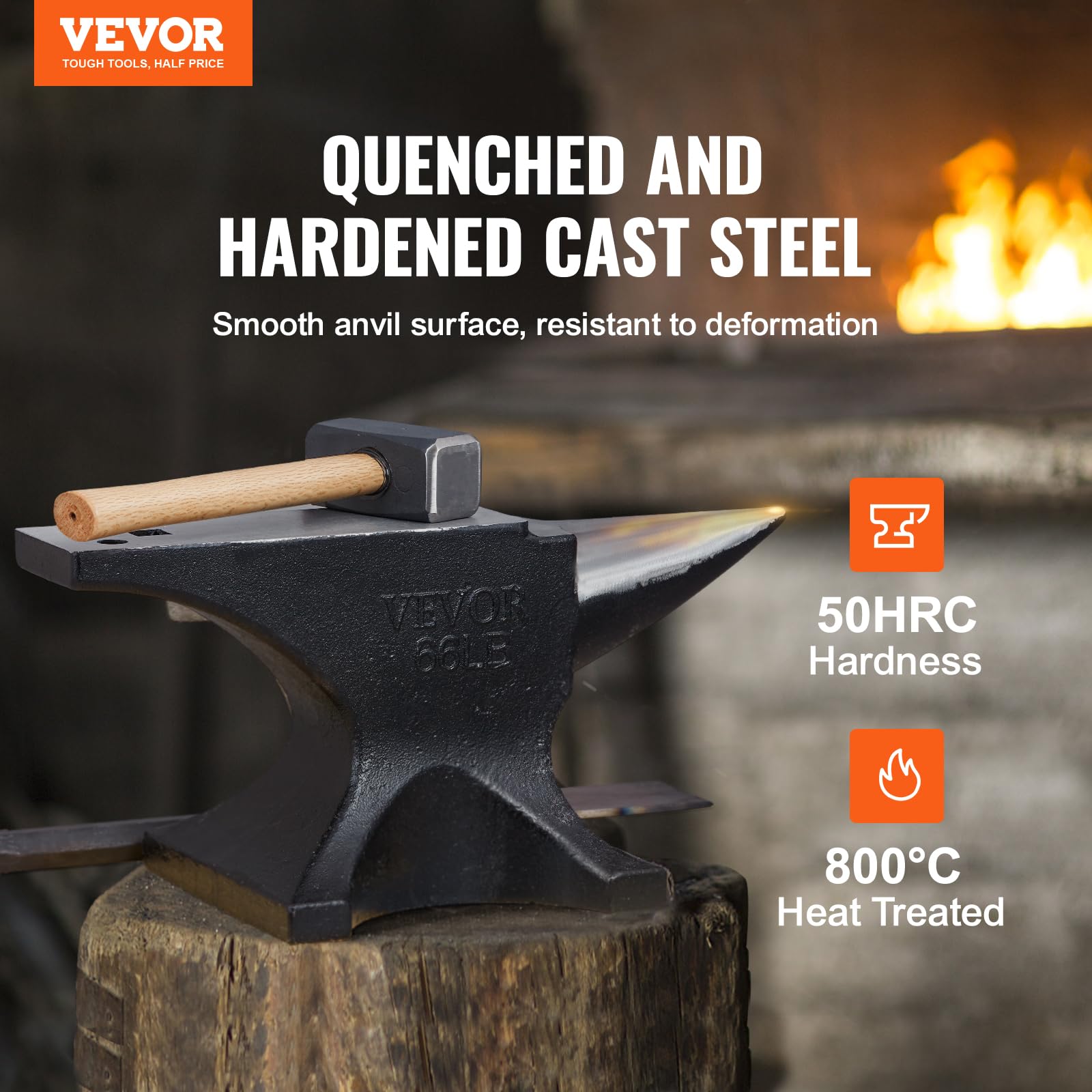 VEVOR Single Horn Anvil, 66Lbs Cast Steel Anvil, High Hardness Rugged Round Horn Anvil Blacksmith, Large Countertop and Stable Base, with Round and Square Hole, Metalsmith Tool for Bending and Shaping