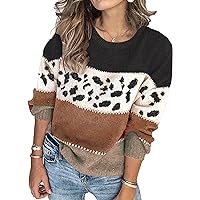 Angashion Women's Sweaters Casual Long Sleeve Crewneck Color Block Patchwork Pullover Knit Sweater Tops
