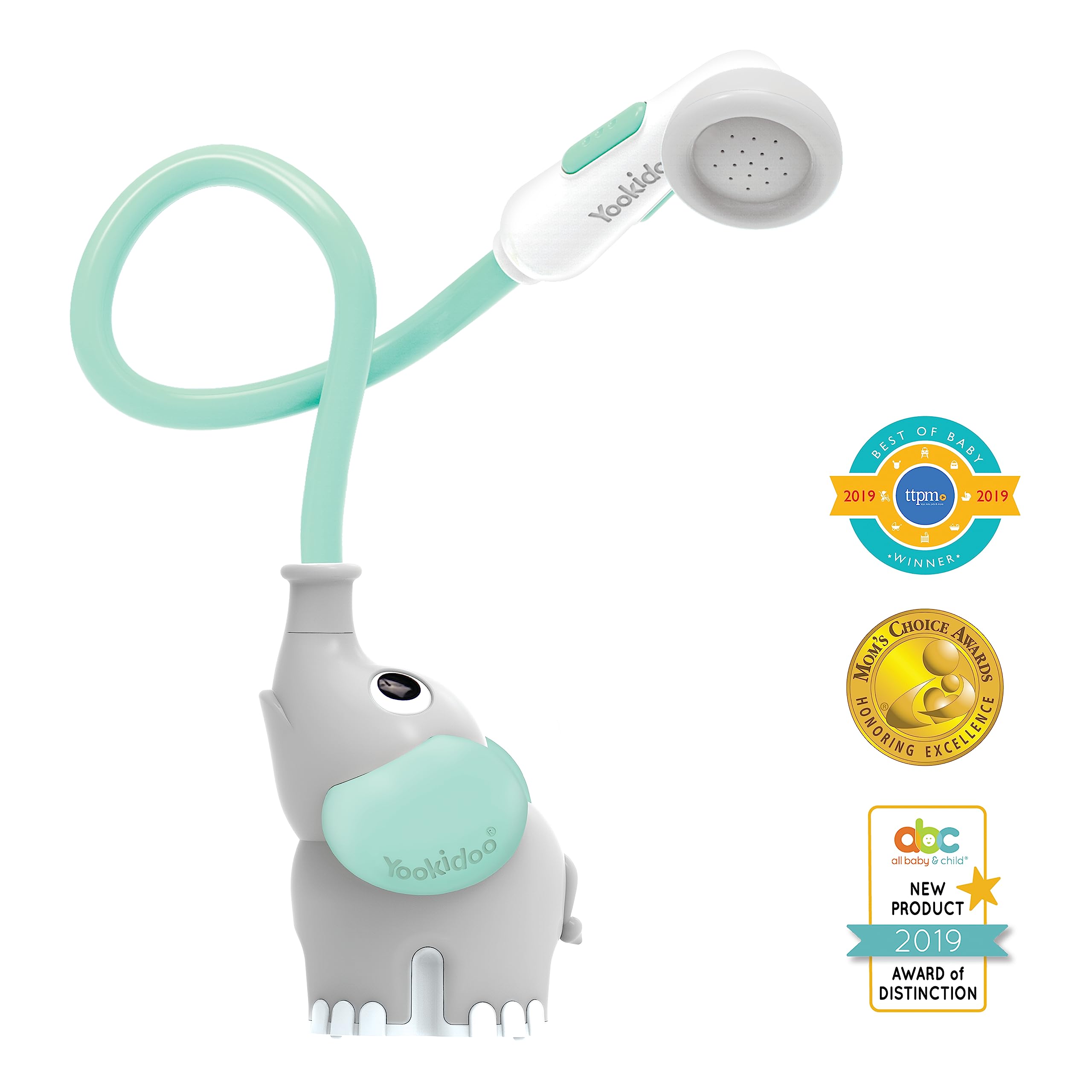 Yookidoo Baby Bath Shower Head - Elephant Water Pump with Trunk Spout Rinser - Control Water Flow from 2 Elephant Trunk Knobs for Maximum Fun in Tub or Sink for Newborn Babies (Turquoise)