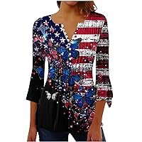 Your Orders Women's USA Flag Top Shirt 4th of July Patriotic Tees Bell 3/4 Sleeve T-Shirt Loose Fit Stars Stripes Daily Wear