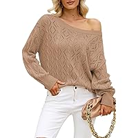 Pink Queen Women's 2023 Fall Casual Crochet Sweater Long Sleeve Off The Shoulder Sweaters Hollow Out Knit Pullover Jumper